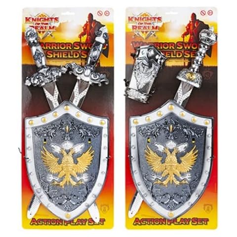 SKYTE 3pcs Kid's Knight Warrior Sword & Shield Set Plastic Sword & Shield Fancy Dress Costume Accessory Viking Army Battle Soldier Medieval Role Playing, Silver, SKYTE®484018 Cover