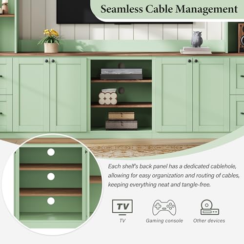 Image of 94.8 inchL Large Entertainment Center with Bookshelves and Drawers for TVs Up to 70'', Wall Unit Entertainment Center with Adjustable Shelves and Cabinet, Minimalist TV Stands for Living Room Mint Green