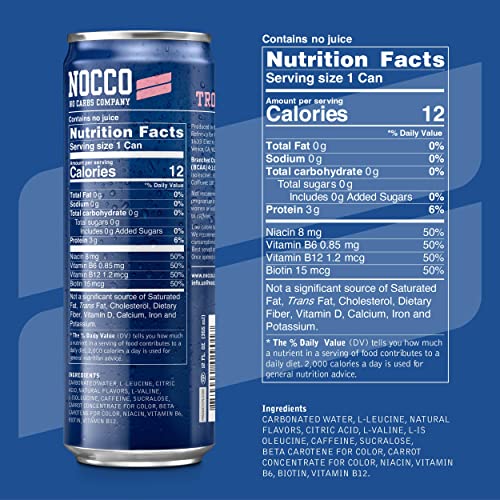 Image of NOCCO Zero Sugar Energy Drink, Variety Pack - 12 Fl Oz (12-Pack) - 180 mg Caffeine, Sugar-Free, BCAAs - Branched Chain Amino Acids, Carbonated, Low Calorie, B Vitamins, Grab & Go Performance Beverage