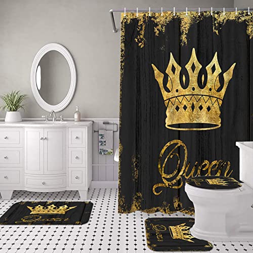 Atgowac African American Gold Queen Crown Shower Curtain Set With Rugs,Bath Rug And Bath Mat, Black And Gold Shower Curtain 72"X72" With Hooks, Waterproof African Shower Curtain #TOP4