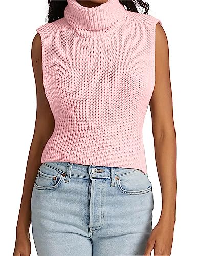 Image of Womens Sleeveless Sweater Vest Turtleneck Ribbed Knit Tank Tops Basic Slim Fit Top