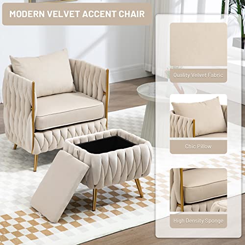 Nioiikit Modern Velvet Accent Chair With Storage Ottoman, Upholstered Hand Woven Lounge Chair With Pillow, Luxury Armchair, Vanity Chair For Living Room, Bedroom, Office (Beige) #TOP2