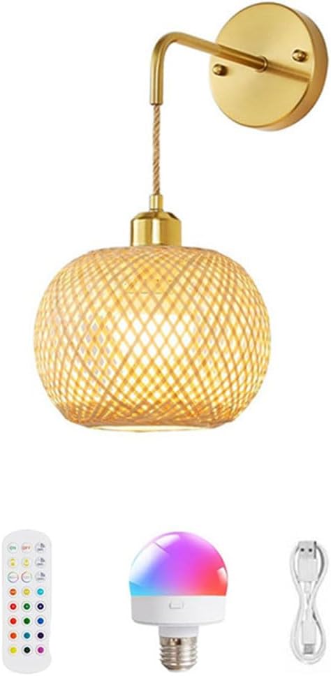 Rattan Wall Sconce Boho Wireless Wall Lamp Rechargeable Battery Operated Wall Lights Bamboo Cordless Sconce Wall Remote Control RGB Dimmable Lamp Round Vintage Decor Light Living Gold 1 Stück