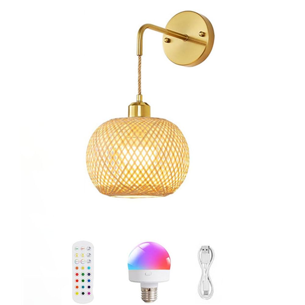 Rattan Wall Sconce Boho Wireless Wall Lamp Rechargeable Battery Operated Wall Lights Bamboo Cordless Sconce Wall Remote Control RGB Dimmable Lamp Round Vintage Decor Light Living Gold 1 Stück