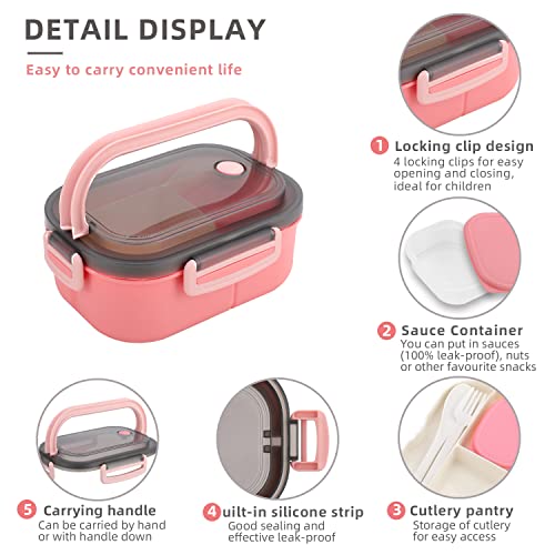 Bento Box,Bento Box Adult Lunch Box With Salad Dressing Container And Carrying Handle,Lunchbox Container For Toddler/Kid/Adults,1.3L-6Compartment&Utensils,Microwave/Dishwasher/Freezer Safe(Pink) #TOP3