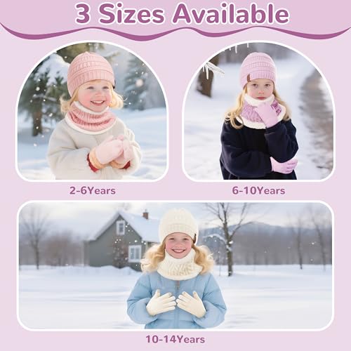 Image of 3 Pack Winter Beanie Hat Scarves Gloves for Boys Girls 2-6-10-14 Years Boys Girls Thermal Warm Thick Knit Fleece Lined Set