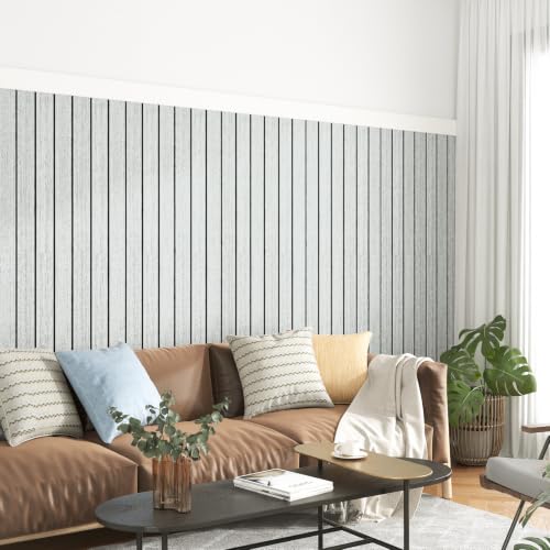 Paneles de pared de listones de madera autoadhesivos blancos y grises 3D 4