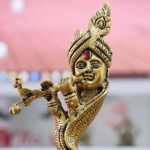 Image of KridayKraft Pagdi Krishna with Playing Flute Idol, Gold-Toned Metal Decorative Showpiece Hindu Religious Art Figurine, Statue
