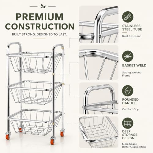 Image of TUNIS 3 Tier Stainless Steel Open Wire Trolley | Multipurpose Vegetable & Fruit Basket Rack | 360 Wheels| Strong Welded Frame| Rolling Utility Organizer for Kitchen, Pantry & Home