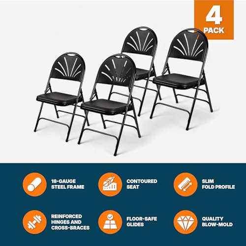 OEF Furnishings OEF1100 Series Premium Heavy-Duty Plastic Folding Chairs, Commercial Fanback Event Chairs with Triple Brace and 500 lb Capacity (4-Pack, Black Plastic with Black Frame) by OEF Furnishings - Image 3