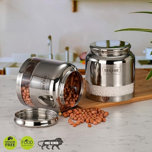 Image of Serene Stainless Steel Exotic See-Through Jar | Airtight Jars for Kitchen Storage | Premium Steel Jars with One Turn Lock Lid | Transparent Stainless Steel Containers | 2000ML | 2 PC