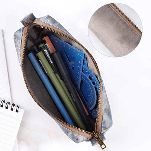 Firclfuy Pencil Case School Stationery Box for Girls Students Office Storage Pouch Makeup Bag for Women Zipper Organizer Small Pen Pouch Little Daisy Embroidered Pencil Bag Cosmetic Bag (Blue) - Image 3