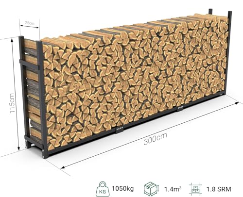 WIELS® Brennholzregal außen 300x25x115cm, Kaminholzregal Metall + Abdeckung, Kaminholzunterstand 1050kg Wasserdichter Holzlager Holzstapelhilfe für Garten Terrasse (300x25x115cm)