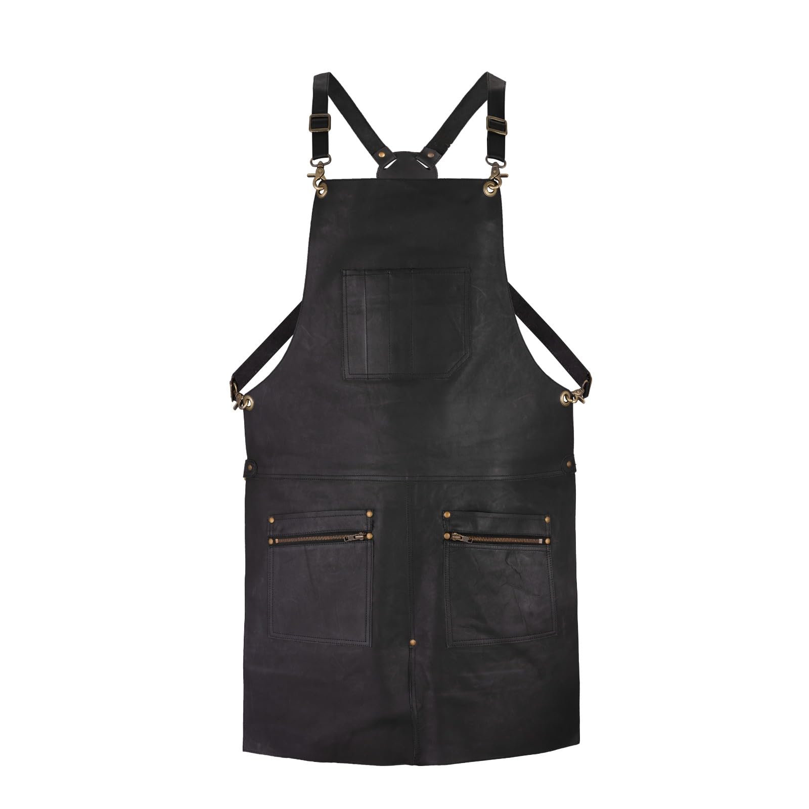 Premium Leather Apron, 2 Zip Pockets & Tool Holder, Split Leg Design, Unisex, Brown/Black/Green (Black)