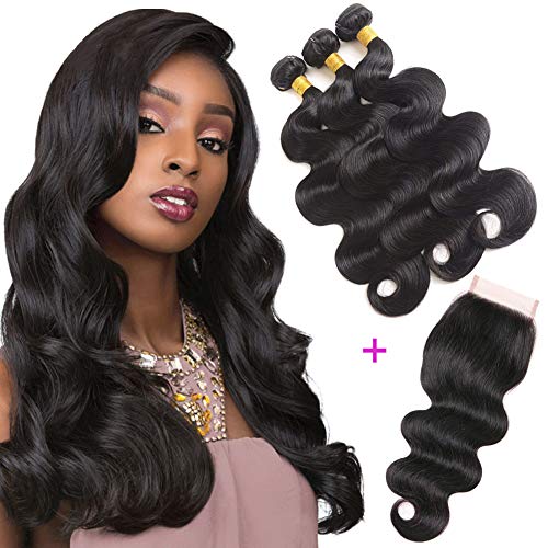 Brazilian Body Wave Human Hair 3 Bundles With 4"x4" Free Part Closure 100% Unprocessed Virgin Hair Bundles With Free Part Lace Closure Natural Color(10 10 10 +10 Inch)