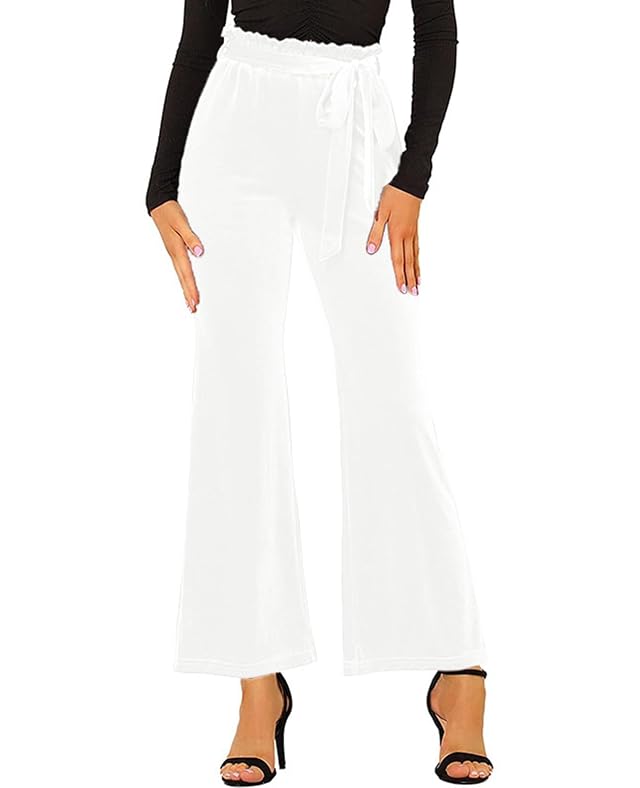 WOWULOVELY Womens Velvet Pants Tie Waist Stretchy Wide Leg Pants with Pockets Casual Office Velour Long Trousers
