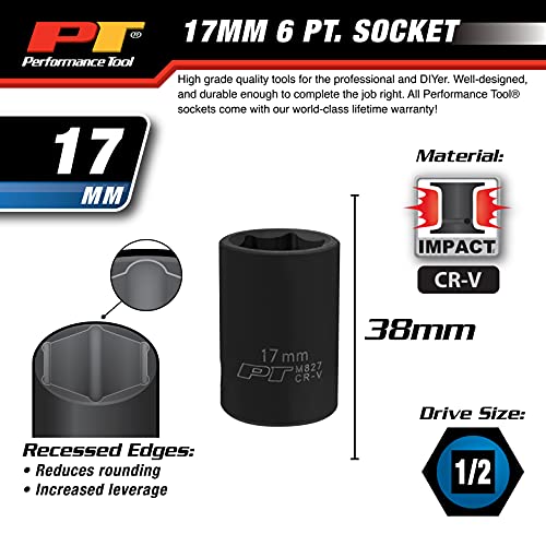 Image of Performance Tool M827 1 /2-Inch Drive 17mm 6pt Impact Socket for Efficient Bolt Tightening and Loosening in Automotive and Industrial Applications