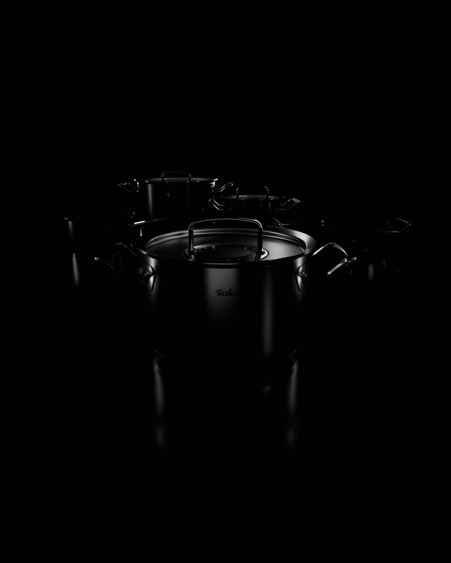 Fissler Original-Profi Collection Shadow Line, 5-teiliges Edelstahl-Topfset, Limitierte Jubiläumsedition, 3 Kochtöpfe, Servierpfanne, Stielkasserolle, Schwarz