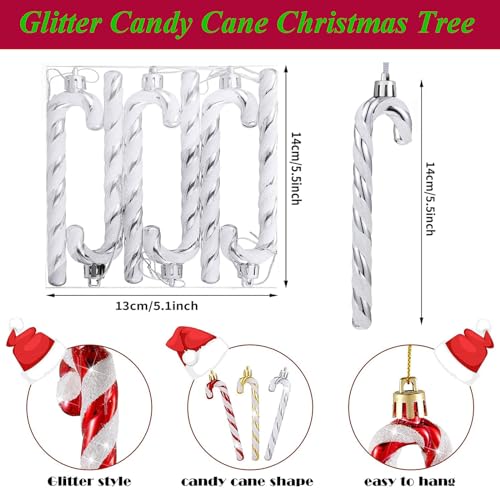 6Pcs Sliver and White Plastic Candy Cane Christmas Tree Decorations 13cm,Christmas Glitter Candy Cane,Christmas Tree Hanging Decorations for Xmas,New Year,Festive Candy Cane Party Decor Supplies - Image 2