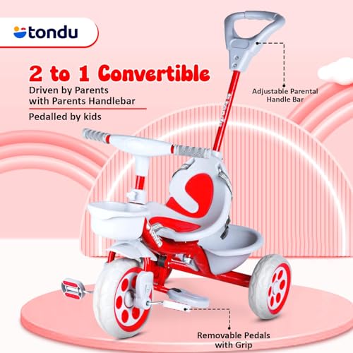 Image of TONDU Kiddo Tricycle for Kids /Baby with Storage Basket | Seat Belt with Parental Control Baby Tricycle (Red)