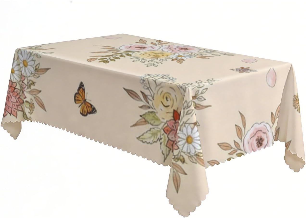 Watercolour Floral Bouquet Motif Table Cloth Rectangle Table 60x120 in, Wipeable Bohemian Coffee Cover, 4Th Birthday Decorations Girl Coastal Tablecloth for Seasonal Restaurant Galentines Party Cover