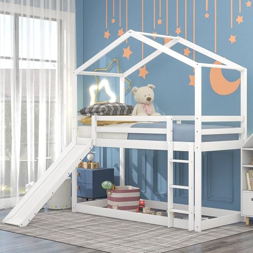 Morhome Twin Over Twin House Bunk Bed with Slide and Roof, Wood Twin Bunk Bed Frame with Safety Guardrail and Ladder for Kids Teens Girls Boys Bedroom, No Box Spring Needed