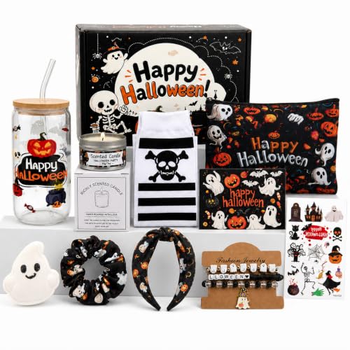 11 Halloween Boo Basket Stuffer for Women, Build a Boo Basket Kit, Black | 16oz Glass Tumbler, Scented Candle, Bath Bomb, Socks, Makeup Bag, Hair Accessories, Bracelet, Boo Basket for Teen Girls