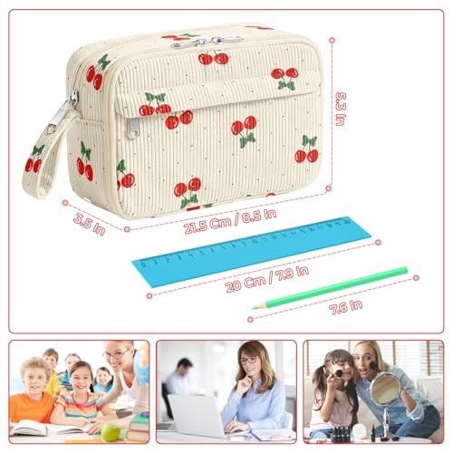Image of WOBAGMEN Cute Pencil Case,Large Corduroy Zippered Pencil Case Pouch, Aesthetic Pencil Bag with Compartments, Pencil Pouch School Supplies (Cherry Polka Dots)