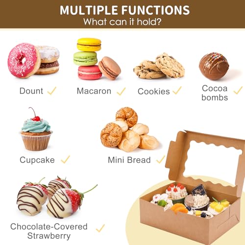 Moretoes 10pcs Cookie Boxes with Window, 9x6x3 Inch Brown Bakery Boxes Pastry Containers for Chocolate Covered Strawberries, Candy, Muffins, Donuts - Thumbnail 5