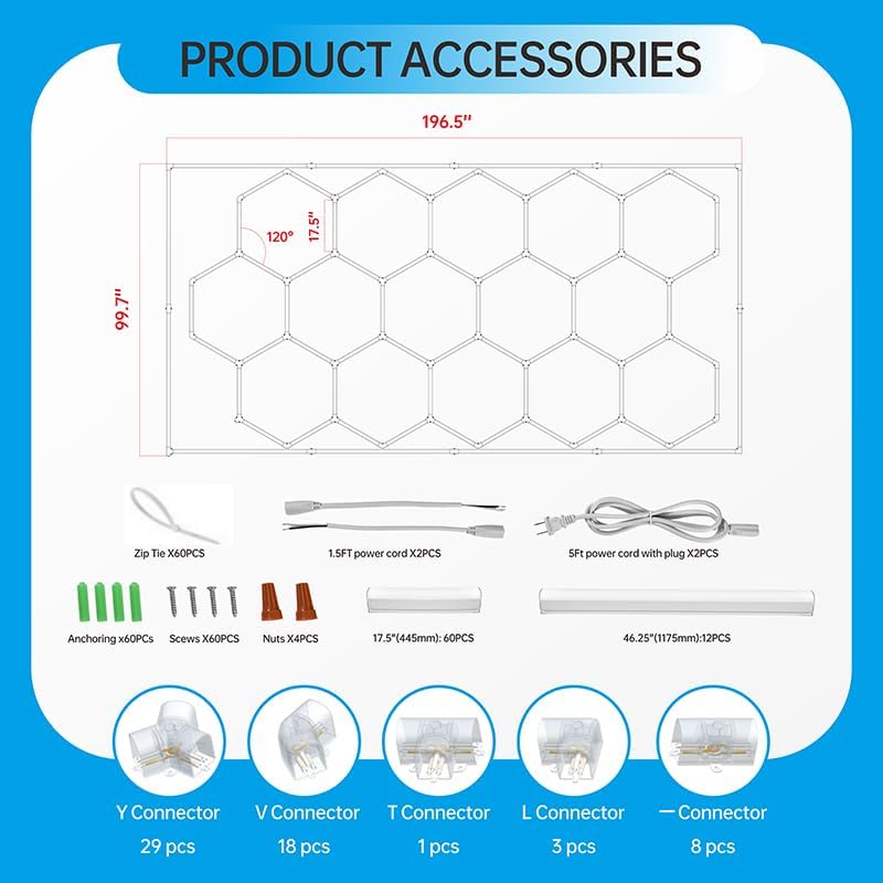 Updated Bigger Size Hexagon LED Garage Light with Rectangle Frame, 780W 101,400LM Ultra-Bright, 15 Hex Grid Design - Ideal for Garage, Warehouse, Workshop, Gym, Basement Lighting