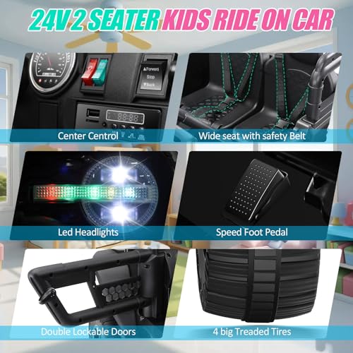 Hikole 24V Ride on Car, w/Remote Control, 4 * 100W Power Electric SUV, Wide Seat for 2 Kids, Ride on Toys for Boys&Girls, Spring Suspension, Colorful Lights, Shovel, Music&Horn, Easier Towing, Black