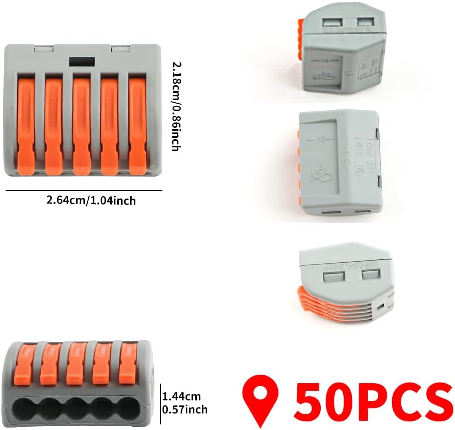 50pcs Lever Wire Connectors, 5 Conductor Compact Electric Wire Splicing Connectors for Wiring 28-11 AWG
