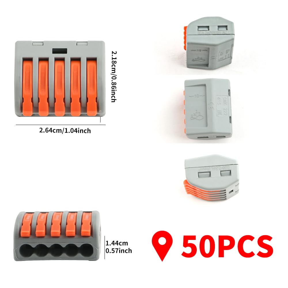 50 conectores de cable de palanca, conectores compactos de empalme de cable eléctrico de 5 conductores para cableado 28-11 AWG