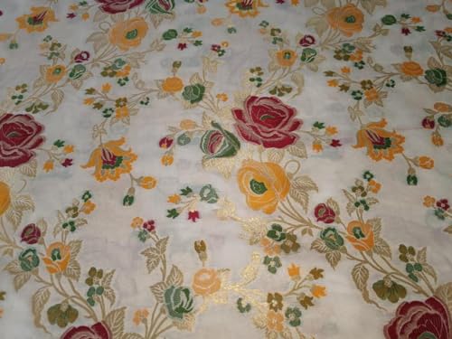 Tissu brocart jacquard roses multicolores laize 111cm pour couture
