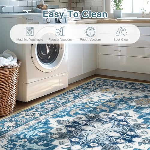 Lofus 8x10 Area Rugs for Living Room, Washable Area Rug, Rugs for Bedroom, Kitchen, Vintage Boho Carpet, Soft Non-Slip, Low Pile Large Area Rug for Office Dining Room, Floral Light Blue