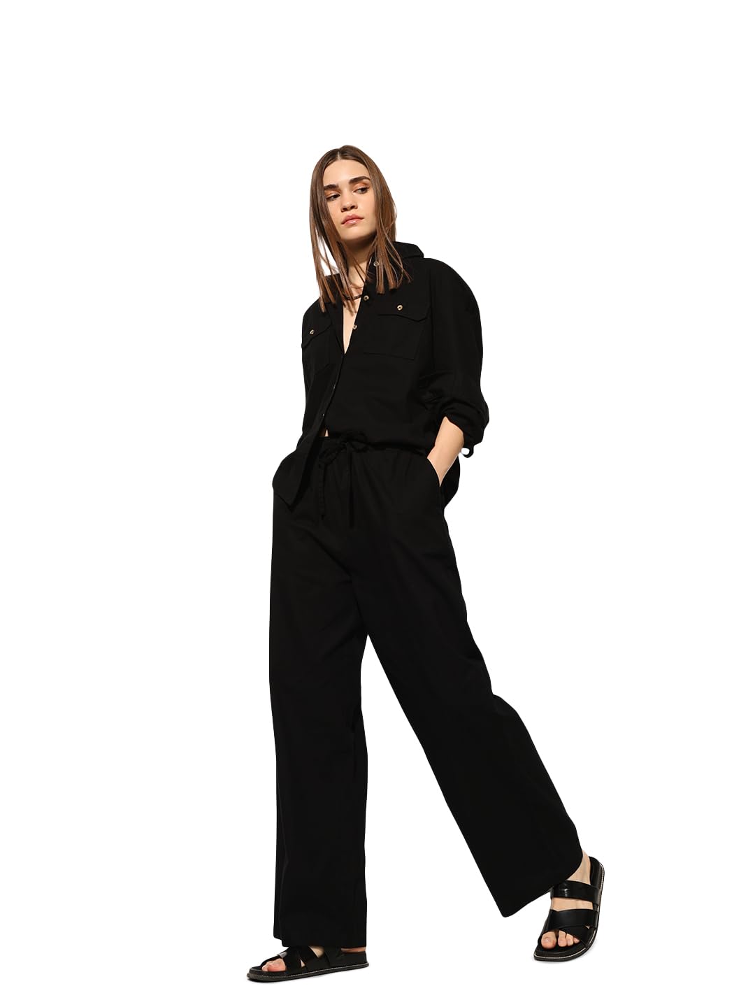 only Women's Solid Regular Fit High Rise Black Co-ord Set (1 Shirt, 1 Trouser)-picture-24