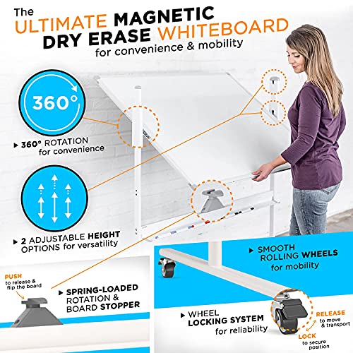 Zenguin Mobile Whiteboard – Easel Style Dry Erase Board W Locking Wheels - Double Sided Magnetic Easel Board - Adjustable Height Rolling Whiteboard - Portable Whiteboard W Accessories (48X36, White) #TOP4
