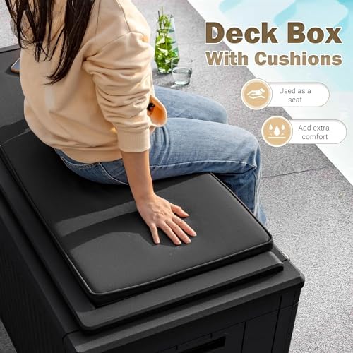 VICTONE 100 Gallon Waterproof Deck Box with Cushion Outdoor Resin Storage Box Lockable Patio Storage Bench for Patio Furniture,Garden Tools and Pool Supplies (Black)