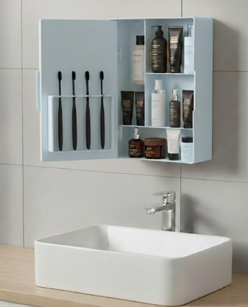 Wall Mounted Bathroom Mirror Cabinet with Storage – Plastic Bathroom Organizer with Toothbrush Holder & Shelves for Wash Basin (10 x 14 Inch, Blue)