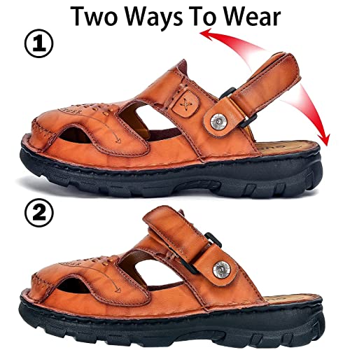 Jebuktxe Sandals Mens Leather Waterproof Mules Summer Closed Toe Red Brown 42 #TOP2