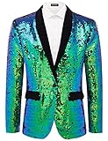 ZNZHKR Men's 70s Disco Shiny Sequin Blazer Jacket for Weddings, Prom & Nightclubs | Sparkling Metallic Tuxedo Coat with Stretch Fabric (Silver/Teal/Neon) (L, Blue Green)