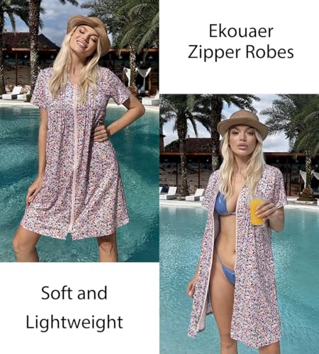 Ekouaer Women Zipper Robes Knit Short Bathrobe Lightweight House Coat with Pockets Soft Nightgown3