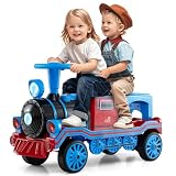 Costzon Ride on Train Trackless, 12V 2-Seater Ride on Toy with Train Whistle, LED Lights, Music & Removable Chair, Electric Train w/One-Button & Soft Start, Gift for Boys & Girls (2 Seaters,Blue)