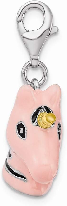 Solid 925 Sterling Silver 3-D Enameled Unicorn Head Lobster Clasp Charm (0.67 x 1.42 Inches)