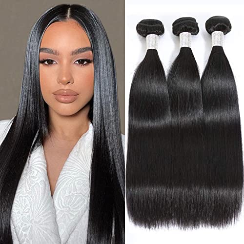10A Straight Bundles Human Hair 16 18 20 Inch Brazilian Straight Human Hair Bundles 100% Unprocessed Virgin Weave Bundles Human Hair 3 Bundles Natural Black Color 