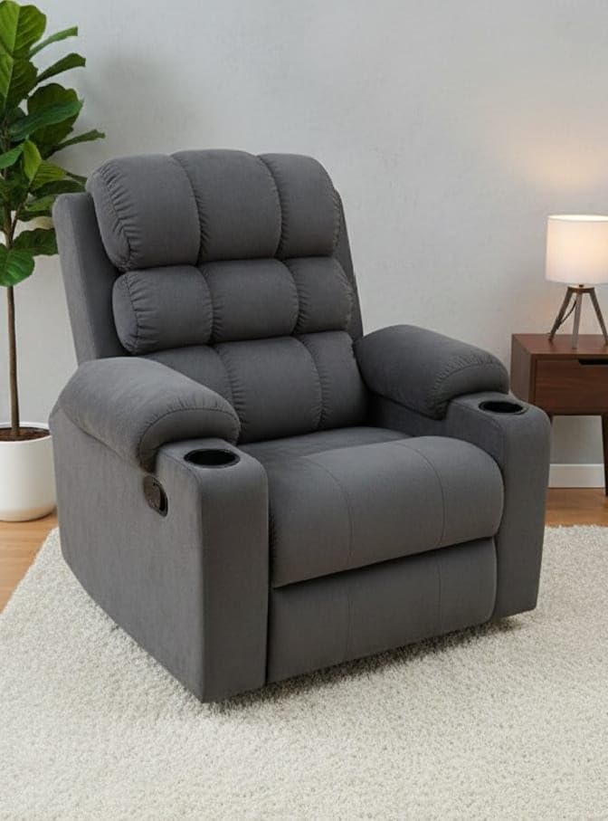 Image of Shah Recliner Cloud-Soft Single Seater Manual Recliner Chair with Cup Holder and Padded Armrest (Grey)