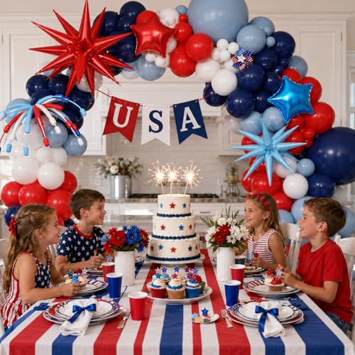 Red White Blue Balloon Arch Garland Kit, 4th of July Independence Patriotic Day Balloons Explosion Star Foil Balloon Navy Dusty Blue Red White Balloons for Veterans Day Baseball Birthday Party Decor by Paeyeq - Used condition - Image 4