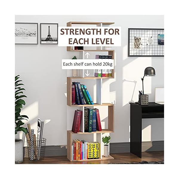 HOMCOM 5-tier Bookcase Storage Display Shelving S Shape design Unit Divider White - Image 7