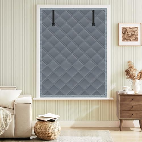 Skloopearg Winter Insulated Window Curtain 39x63 Oxford Cloth Thermal Insulated Window Cover with Buckles Heavy Duty Window Insulation Kit Fits Windows up to 38x62 Grey
