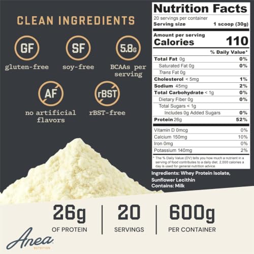 Image of Anea Protein Powder, Whey Isolate Protein Powder, Whey Isolate, 5.8g BCAAs, RBST Free, Gluten Free, Soy Free, No Fillers, No Artificial Sweeteners, Unflavored, 26g Per Serving, 20 Servings